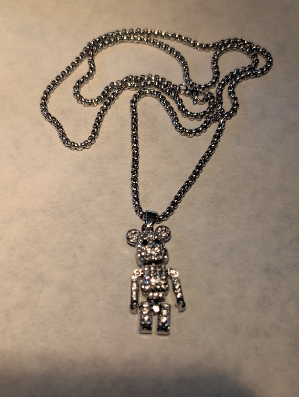 Silvertone Crystal Teddy Pendant Necklace